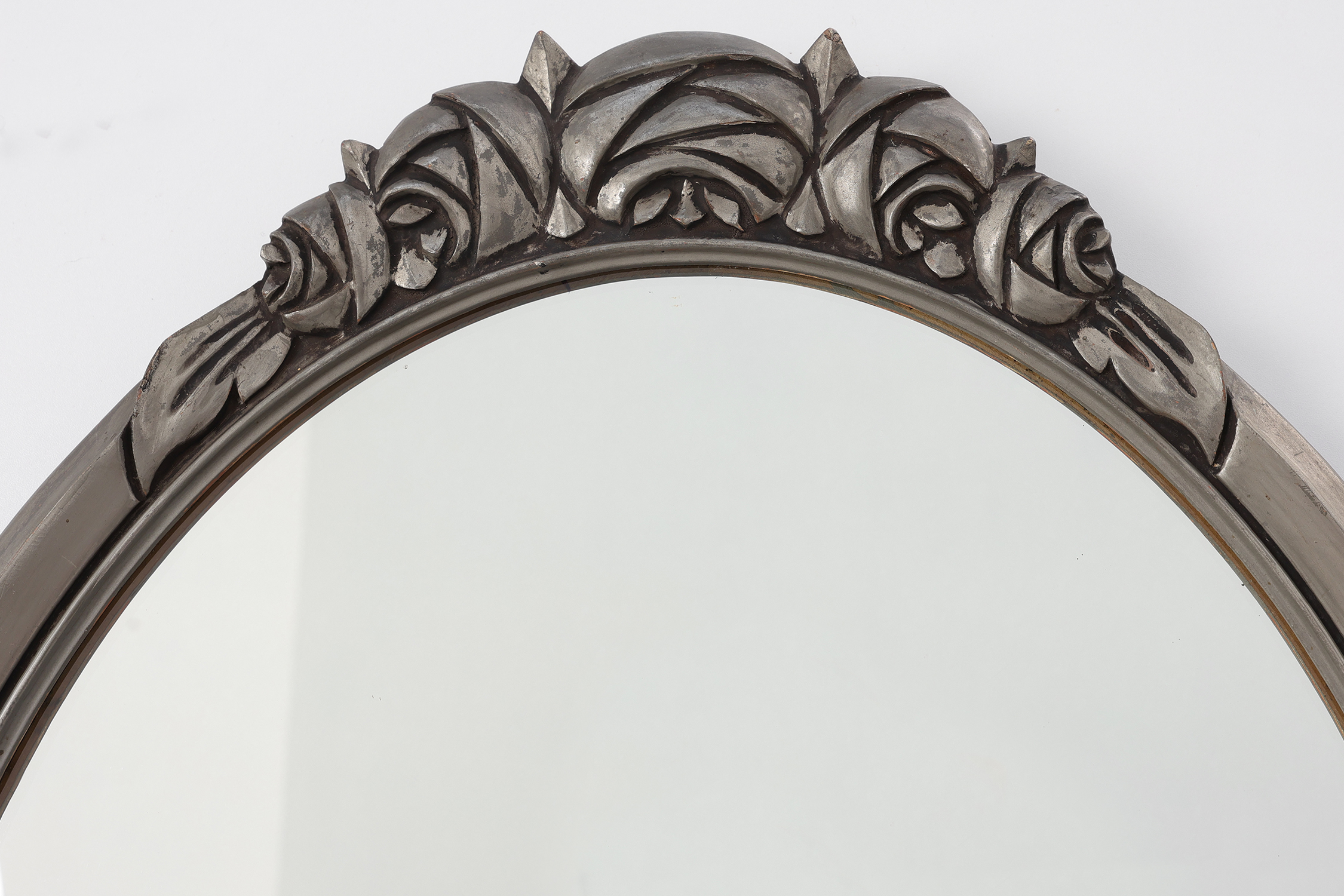 French Art Deco Oval Mirror with Carved Roses and Silver-Painted Frame, 1920sthumbnail